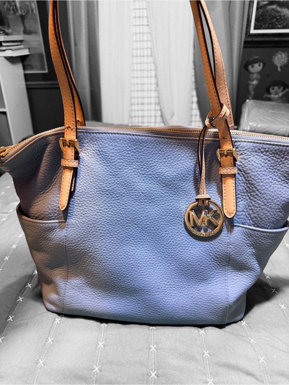 Michael Kors Light Blue Pebbled Leather Tote with Tan Straps